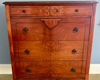 c. 1920's Burled Walnut Highboy Dresser with Hand-carved Details