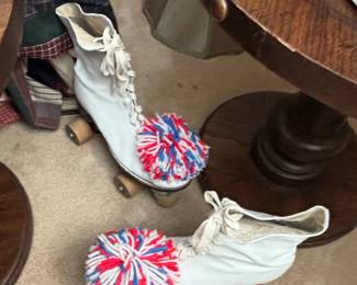 Vintage Red Metal Roller Skate Trunk with White Figure Skates and PomPoms