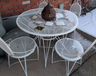 Vintage White Wrought Iron Patio Set by Woodard with Table and Four Chairs