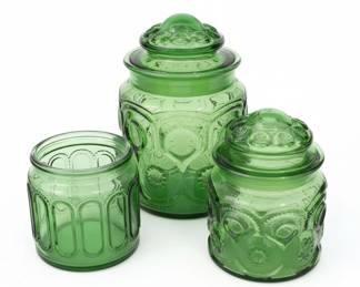 L.E. Smith Green Moon and Stars Pattern Glass Canister Set second image