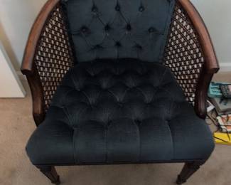 Vintage Cane Back Barrel Chair with Tufted Upholstery