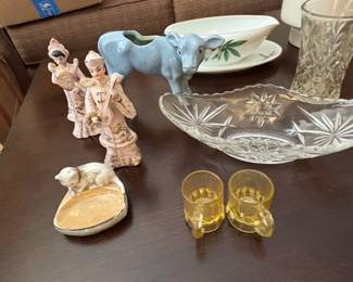 Figurines of Asian Women, Cow Planter, and Cat Dish