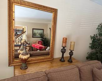 Ornate Gold Gilt Mirror with Ribbed Frame and Red Undercoat