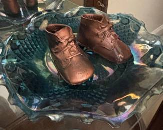 Carnival Glass Bowl with Bronzed Baby Shoes