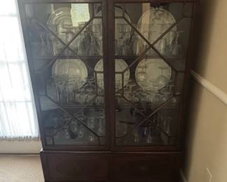Antique Mahogany Chippendale Style China Cabinet with Glassware and Plates second image