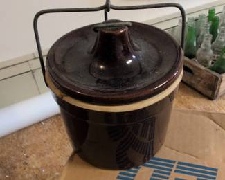 Vintage Brown Stoneware Cheese Crock with Wire Bail Handle and Lid