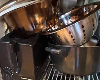Assorted Cookware, Proctor Silex Toaster, and Checkerboard Cake Pans