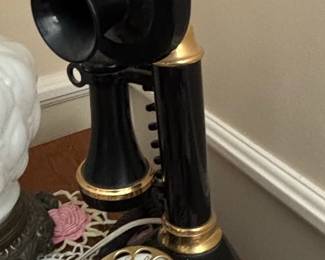 Black Candlestick Rotary Dial Telephone with Gold Accents