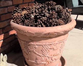 Large Italian Terracotta Planter with Grapevine Motif and Matching Saucer