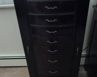 Dark Wood Jewelry Armoire with Ornate Drawer Pulls