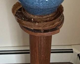 Large Blue and Green Glazed Ceramic Planter Pot with Wooden Pedestal Stand