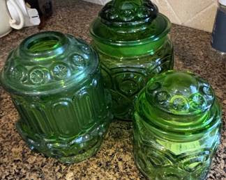 L.E. Smith Green Moon and Stars Pattern Glass Canister Set
