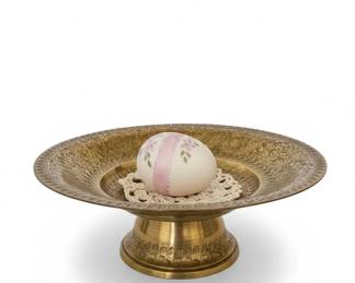 Victorian Brass Compote with HandPainted Egg on Iridescent Bicentennial Glass Plate