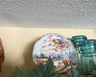 Ceramic Rooster Figurine, Decorative Plate, and Stoneware Pitcher