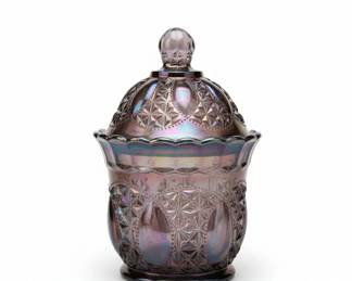 Amethyst Hobstar  Fan Carnival Glass Covered Candy Dish