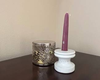 White Ceramic Candle Holder with Purple Taper Candle