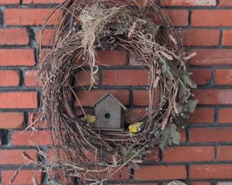 Grapevine Wreath with Birdhouse, Faux Birds, and Berries