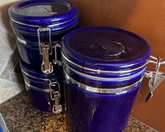 Set of Cobalt Blue Ceramic Canisters with Hinged Lids