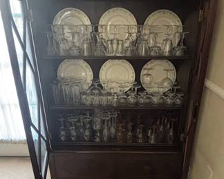 Antique Mahogany Chippendale Style China Cabinet with Glassware and Plates
