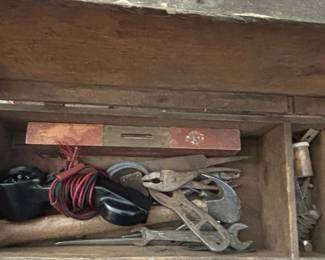 Antique Wooden Tool Chest with Assorted Hand Tools