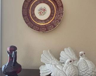 Ruby Red Glass Decanter and White Ceramic Doves Figurine
