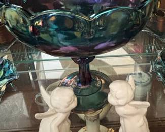 Carnival Glass Bowl with Bronzed Baby Shoes second image