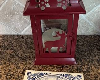 Red Metal Decorative Lantern with Deer Silhouette and Star or Heart Cutouts