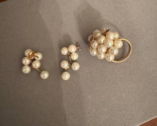 Akoya pear cluster ring and earring set from 1960s