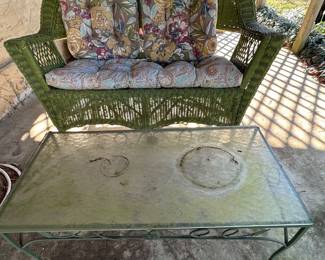 Wicker love seat / Glass Wrought Iron Table