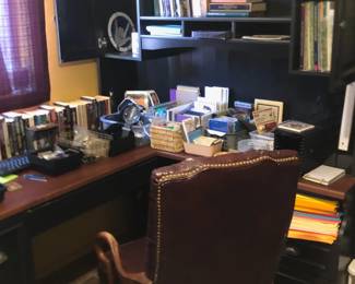 Desk and office chair, note cards, paper, office