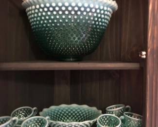 Fenton Hob Knob, Teal punch bowl w/12 cups and base