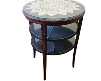 19" Round Vintage Mahogany Tiered Side Table Carved Detail Glass Protectors