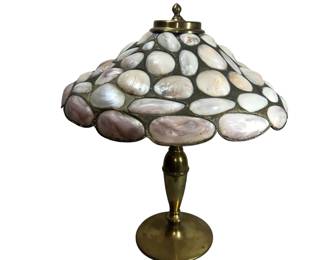 Antique Arts & Crafts Brass Lamp Seashell Shade