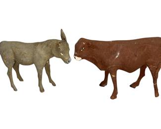 Antique Flocked Papier Paper Mache or Composite Nativity Donkey Cow