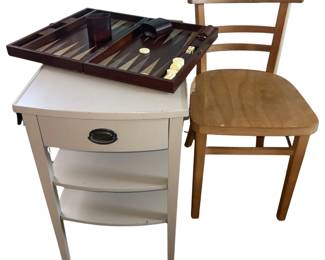 Gray End Table Wooden Chair Backgammon Set MCM Decor