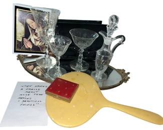 Vintage Glass Tray Mother Mary Print Hand Mirror Decanter Champagne Glasses