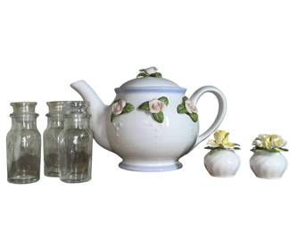 Vintage Glass Stopper Jars ENGLAND Applied Flowers Salt Pepper +Teapot