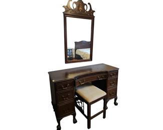 Vintage IRWIN Mahogany Vanity Mirror Claw Ball Feet Fretwork Bench