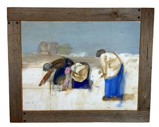 Laborers in Field Original Naive Artwork Of Alberta Morken 1987