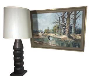 Walnut Hand Carved Lamp Alberta Morken Original Painting