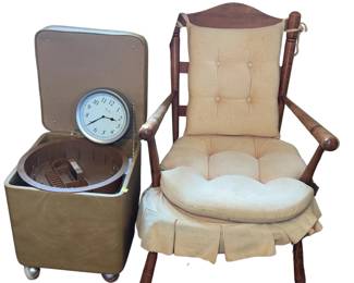 Vintage MCM Sewing Cabinet Ottoman + Wooden Easy Chair