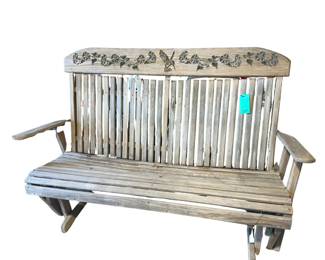 Heavy Wood Glider Seat Slat Wood Carved Hummingbird Motif