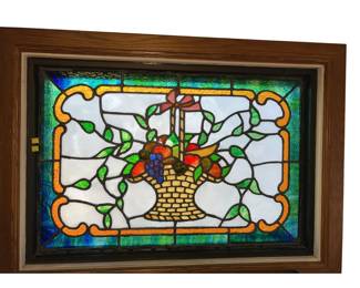 24x36" Vintage Stained Leaded Glass Panel Flower Basket