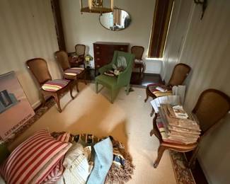 Vintage Wicker and Wood Dining Chairs with Striped Cushions