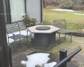 Octagonal Gas Fire Pit with Two Metal Chairs