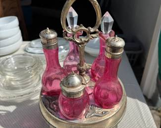 Victorian Cranberry Glass Cruet Set in Stand