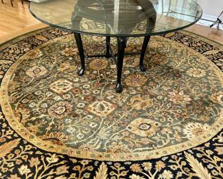 10' round rug  & 5' round glass top table with metal pedestal base