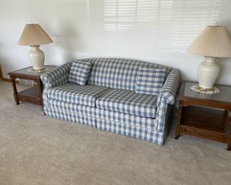 Charming Comfy Couch, Glass Top End Tables, Matching Lamps