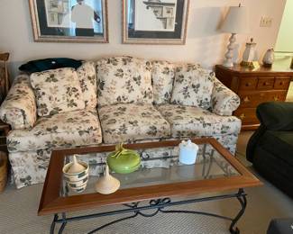 Nice three cushion couch, great coffee table (matching sofa table also available)
