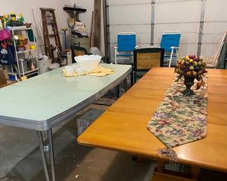 Vintage chrome frame dinette table with two leaves and a beautiful Duncan Phyfe style table